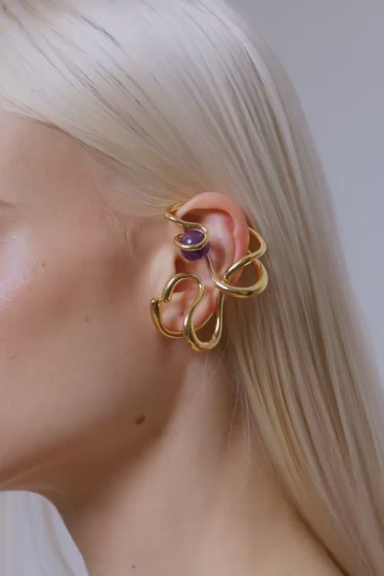 Ear Cuff Oversize avec Améthyste, Doré