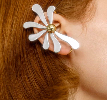 Daisy flower ear cuff with silver petals