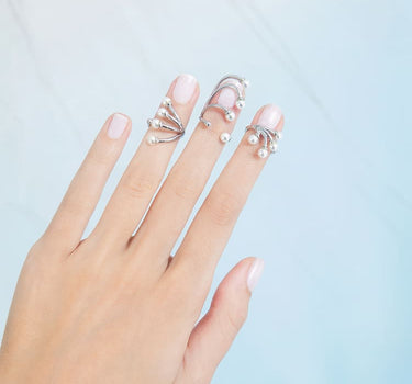 bagues à ongles de mariage en perles serties d'argent