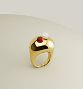 Chunky gold ring with red agate and quartz